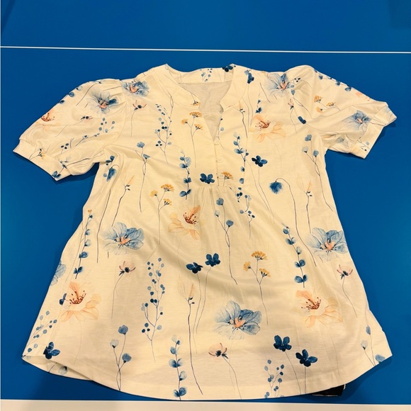 IECCP Tops - IECCP, NWT Cream Floral Short-Sleeve Blouse with Blue & Yellow Flowers, Size Med